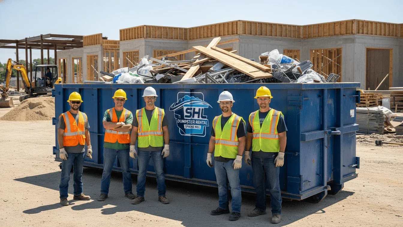 The SHL Dumpster Rental Spring Hill crew with a roll-off truck and container in Spring Hill, FL